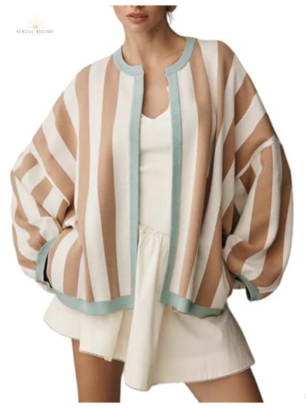 Striped Open Front Cardigan Long Balloon Sleeve Knit Sweater Loose Fit